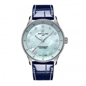 Réplique Montre femme Breitling Navitimer 32 mm, bracelet en nacre bleue et crocodile A77320171C1P1