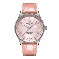 Imitation femme Breitling Navitimer 32 mm, bracelet en nacre rose et crocodile, référence A77320D91K1P1