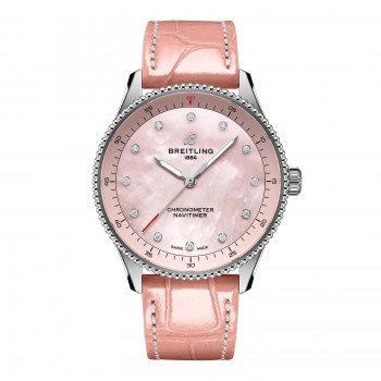 Imitation femme Breitling Navitimer 32 mm, bracelet en nacre rose et crocodile, référence A77320D91K1P1
