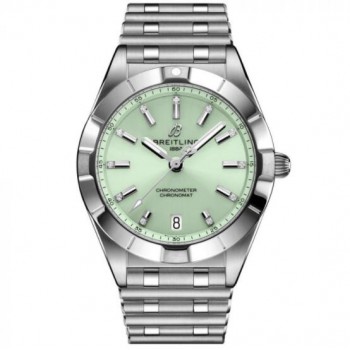 Imitation femme Breitling Chronomat 32 mm, cadran vert, acier inoxydable et diamants, référence A77310101L1A1