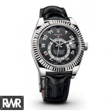 Réplique Rolex Sky Dweller cadran noir en cuir noir 326139